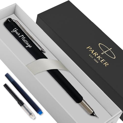 Personalised Parker Vector Fountain Pen With Colour Option (Blue or Black Ink Cartridge) & Converter Elegant Gift Box Birthday Gift Perfect for Men & Women with Laser Engraving (Matte Black & Silver)