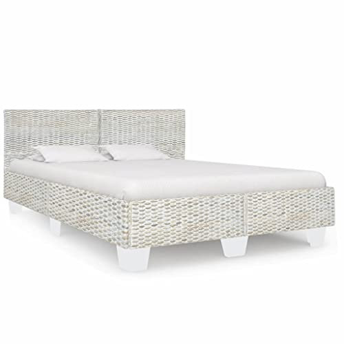 qohoio Bed Frame Grey Natural Rattan 140x200 cm,Double Bed Bed Frame with Headboard, Under Bed Storage Space, for Adults/Teenagers, Easy Assembly
