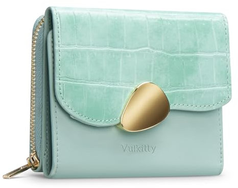 Vulkitty Portefeuille Femme Cuir RFID Blocage Con Porte Monnaie Fermeture Eclaire, Petit Portefeuille et Porte Carte, Vert