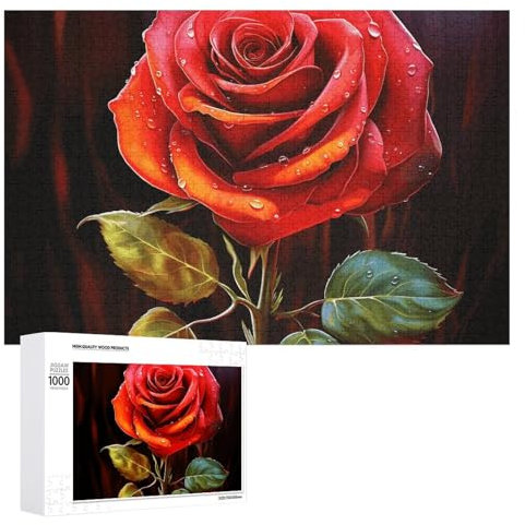 1000 PCS Jigsaw Puzzles Red Rose Art Puzzles Personalized Puzzle Wooden Picture Puzzle for Adults Photo Puzzle Art Wall Hanging Decor for Birthday Wedding Valentine's Day Anniversary