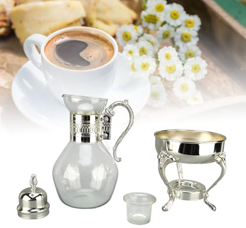 Vintage Glass Coffee Pot Set, Heatable Water Pitcher with Lid, Arab Style Tea Kettle with Ergonomic Handle for Home Office (Silver)