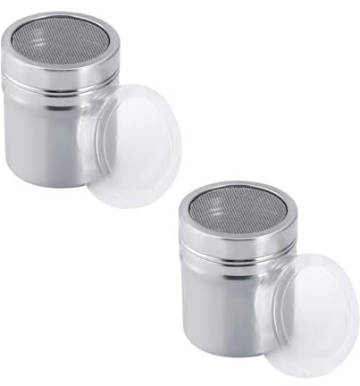 2 Stück Edelstahl Streuer,Puderzuckerstreuer mit Puderzuckermühle Deckel,Kakaostreuer Cappuccino,Pulverstreuer,Staubzuckerstreuer,Puderzucker Sieb Mehlstreuer für Kakao,Kaffee,Schokolade,Zucker,Salz