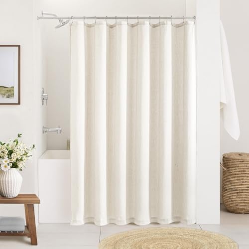 DUKIYO Rideau de Douche Crème 168 cm de Long en Lin Beige Neutre Rideau de Douche pour Salle de Bain en Terre Bohème Shabby Chic Campagne Tissu Drapés pour Cave Salle de Bain, 183x168