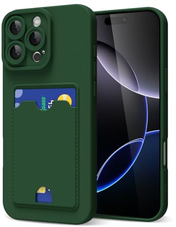 oakxco for iPhone 16 Pro Max Case with Card Holder, Cute Silicone Wallet Phone Case with Credit Card Slot, Soft Rubber Thin Slim Purse for Women Men with Shockproof Camera Cover Protection, Dark Green