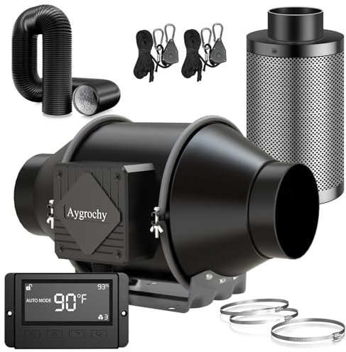 Aygrochy 100mm Rohrventilator, grow abluftset mit Temperatur- und Feuchtigkeitsregler, Abluftventilator mit Luftkohlefilter und Abluftschlauch für Wachstumszelte, Tente de Culture hydroponique