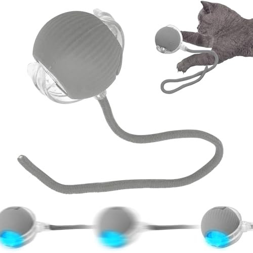 SORNEICDR Nueva Pelota Interactiva para Gatos, Pelota de Juguete con Cuerda, Pelota de Juguete Interactiva 360°, Bola de Rodadura Automática Inteligente para Gato y Perros (Gris)