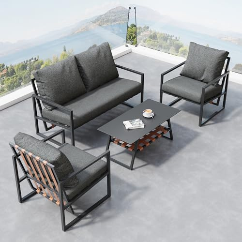 Salon de Jardin Exterieur 4 Personnes, Table de Jardin Exterieur avec Chaise, Salons de Jardin avec Coussins et Table Basse avec Couche de Rangement, Tube en Acier galvanisé, pour Terrasse Balcon