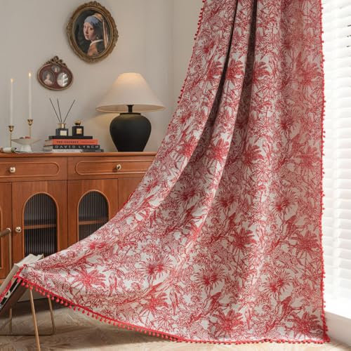 Tokusyou Blumen Vorhang Landhausstil Gardinen Vintage Blickdicht Leinenoptik Jacquard Tiere Muster Baumwolle Rot Vorhänge mit Pompons Rod Pocket für Küche Wohnzimmer 1er Set B150×H180cm
