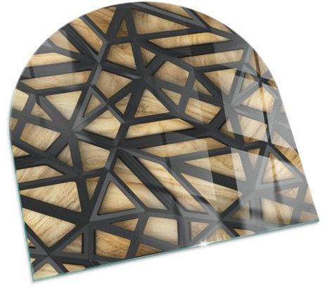 Funkenschutzplatte für Kamin 100x100 cm Hartglas Glasboden Stilvollem Motiv Dekorative Glasbodenplatte Hitzeschutz Halbrund Schutzplatte Elegantes Design - Geometrie mit Holz