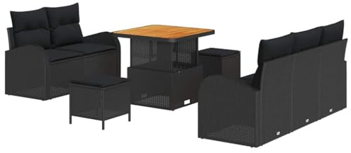 vidaXL 8-teiliges Garten-Sofa-Set mit Kissen - Schwarz, Poly Rattan, Akazie, Außenmöbel, Patio, Sitzgelegenheiten, vielseitige Lounge, modular, modern, Terrasse, Sommer, Frühling