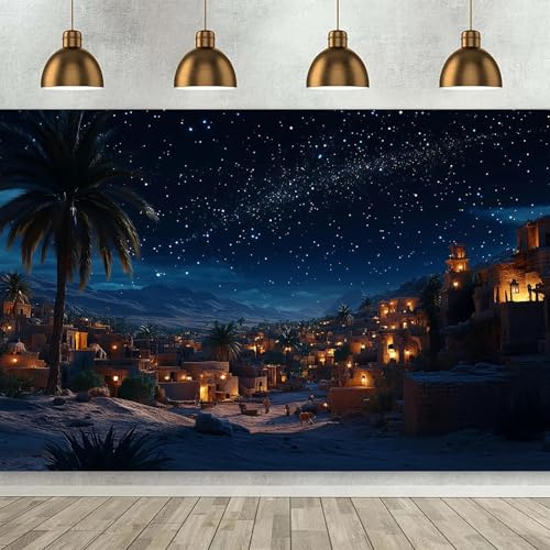 Weihnachtskrippe Hintergrund Tuch Nacht Krippe und Bethlehem Dorf religiöse und Feiertagsdekoration mit Hauswand 240X180cm