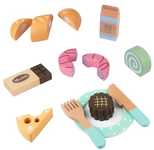 Dilpeak Holz Kinderküche Spielzeug Set, Küchenspielzeug mit Lebensmittel, Desserts und Nachmittagstee Zubehör für Rollenspiele