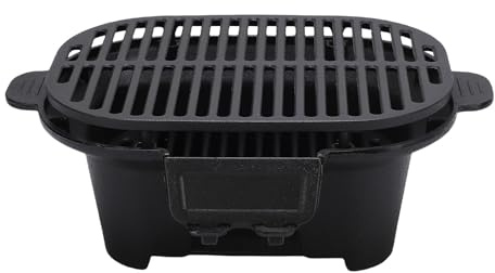 Focket Charcoal Grill, Portable Outdoor Pre Seasoned Cast Iron Hibachi Grill with Coal Door, Small Oval Japanese Yakitori Tabletop Grill Stove for Outdoor Camping and Picnics