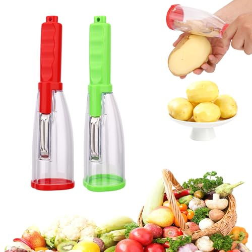 2pcs Kitchen Peelers with Containers, Premium Camping Food Fruit and Vegetable Peelers with Storage Box Built-in Peel Collector Gadget Tool for Peeling Potatoes Carrots Veggie Cucumber Apples & Pears