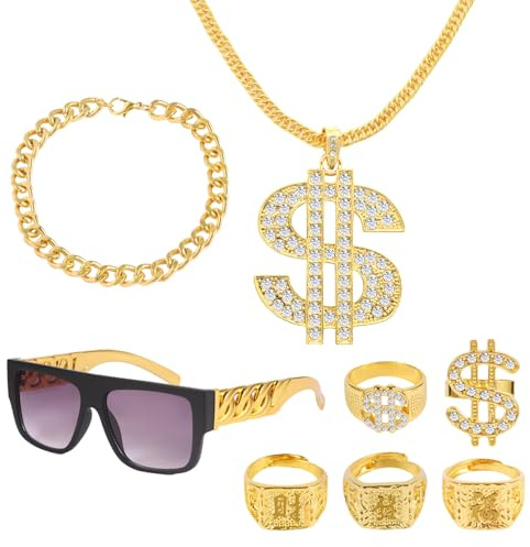 Zuhälter Kostüm 8tlg Herren, Goldkette Dollar 80er 90er HipHop für Karneval | Inkl. Dollar Ringe, Sonnenbrille & Armband, hochwertiges Herren Gangster Outfit im 80er 90er Stil für Karneval & Mottoparty