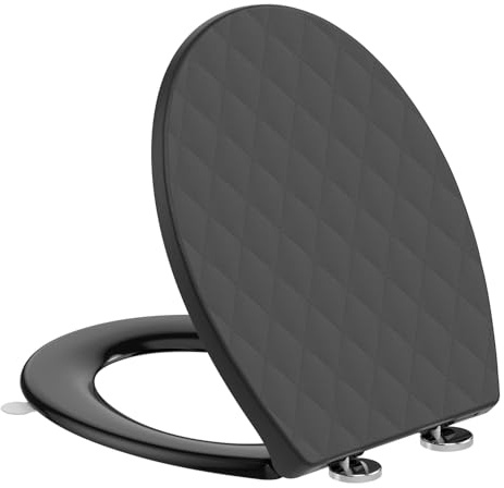 SREWOHS PRO Oval Soft Close Toilet Seat, Black PP Toilet Seat with Lifter | Two Button Quick Release, Top Fix Adjustable Hinges, Heavy Duty, Easy Clean, Fits Most O Shape & Round UK Toilets, 45 × 37 cm