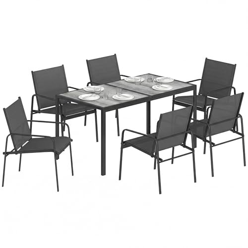Outsunny Set Tavolo e Sedie da Giardino 7 Pezzi, Set Pranzo Esterno con Tavolo Effetto Legno, 6 Sedie in Texteline Traspirante, Set Mobili da Giardino in Acciaio Zincato per Terrazza Balcone, Nero