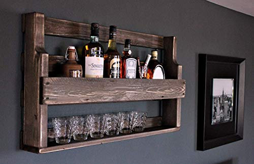 Scaffale di legno per whisky - con portabicchieri - marrone - stile industriale - pronto per il montaggio - bar a muro - scaffale di legno per whisky