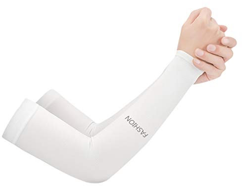 JK Home UV Protection Cooling Ice silk Arm Sleeves - UPF 50 Sun Sleeves for Men & Women for Running, Cycling, Fishing, Golf, Volleyball, Basketball, Baseball & Football White-Fingerless