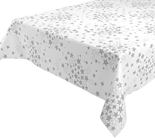 Wachstuchtischdecke abwischbar Tischdecke RUND ECKIG, Weihnachten Motiv und Größe wählbar (Eckig 140x220 cm, Sterne Weiß-Silber)