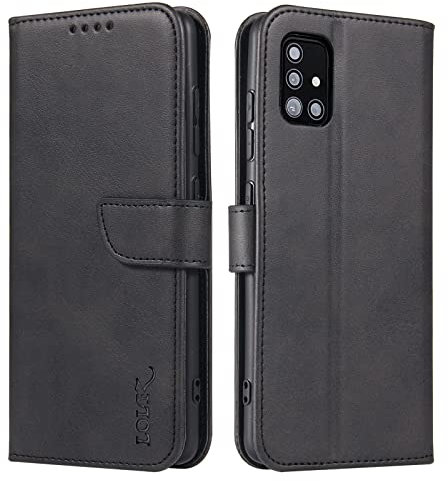 LOLFZ Wallet Case for Samsung Galaxy A51, Vintage Leather Book Case with Card Holder Kickstand Magnetic Closure Flip Case Cover for Samsung Galaxy A51 - Black