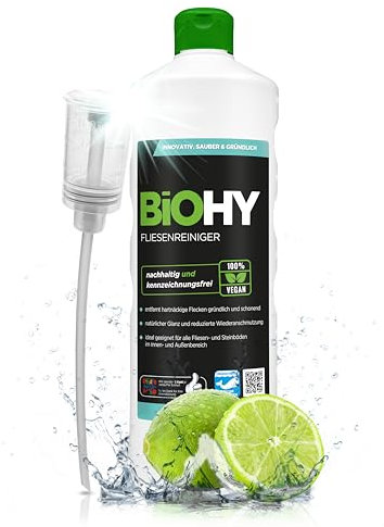 BiOHY Fliesenreiniger (1l Flasche) + Dosierer | Bio Reiniger für Wand- & Bodenfliesen aller Art | Intensiver Kalkentferner | Streifenfreie Reinigung für Wohnzimmer, Küche & Bad | Innen & Außenbereich
