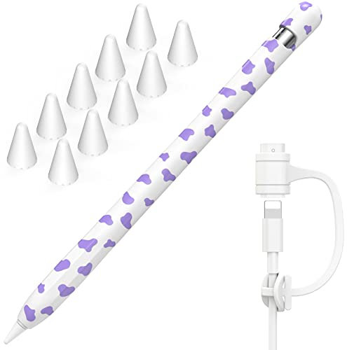 NIUTRENDZ Cow Print Case for Apple Pencil 1st Generation Case Cover Silicone Protective Sleeve Accessories with Apple Pencil Tips Cover & Cable Adapter Tether (Purple)