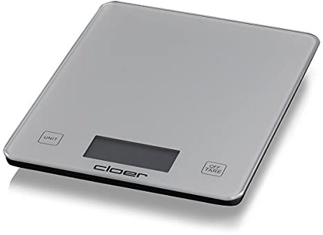 Cloer 6878 Digitale Küchenwaage für bis zu 10 kg, Zuwiegefunktion, Gewichtsmessung in 1 g Schritten, Mengenangabe in Gramm, Milliliter oder Unze möglich, Glasoberfläche, LCD-Display, silber