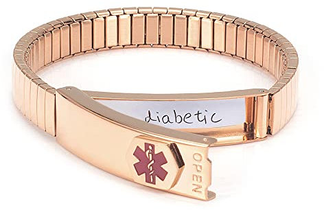 Pulsera elástica de acero inoxidable con alerta médica, (poner detalles en la sección de elevación, tarjeta médica personalizada+tiras gratis) (17,5 cm, oro rosa)