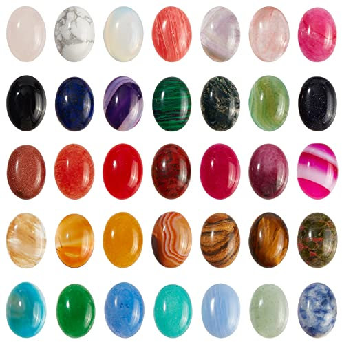 SUPERFINDINGS 35 Stück 35 Stile 18x13x5mm Natürliche Und Synthetische Edelstein Cabochons Ovale Quarz Chakra Stein Schmuck Cabochons Für Ohrring Armband Anhänger Zum Basteln