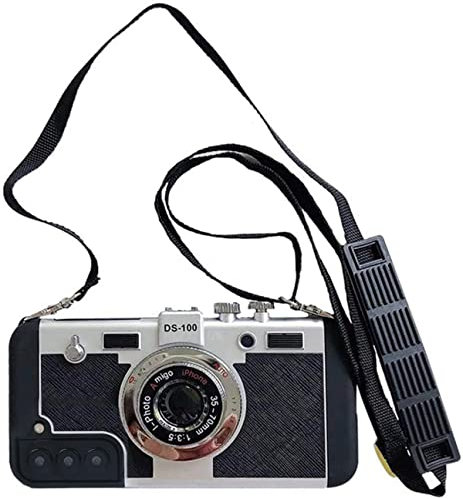 Handykette Handyhülle kompatibel mit Samsung Galaxy S22 Plus Hülle 3D Retro Kamera Design Case mit Band Kette Hard PC Innen Soft TPU Bumper Handy Cover Stoßfest Schutzhülle-Schwarz