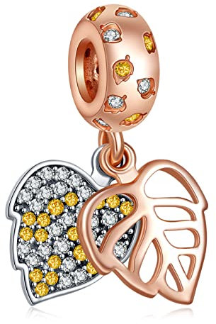 Annmors Charm Rosegold Heart Leaf Dangle Charm Anhänger 925 Sterling Silber Pendant Bead with Cubic Zirconioa für Chamilia und europäische Armbänder und Halskette