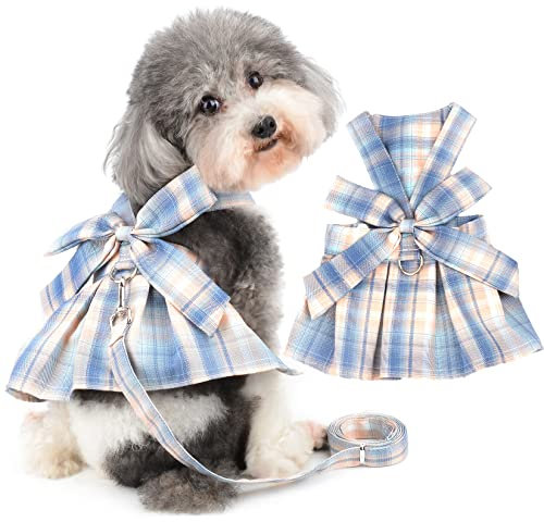 Ranphy Small Dog Dress with Leash Ring Plaid Puppy Harness Dress Summer Doggie Dresses with Bowknot Girl Doggie Pleated Skirt Walking Outfit for Teacup Yorkie Chihuahua