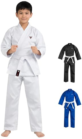 Mytra Fusion Karate Gi Infantil con Cinturón – Traje de Entrenamiento de Artes Marciales 200 g para Niños y Niñas – Uniforme de Karate para Estudiantes (Blanco, 1/140)