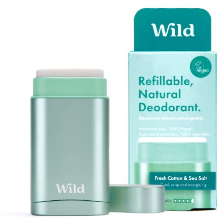 Wild - Natural Refillable Deodorant - Vegan & Eco-Friendly - Aluminium Free - Long Lasting Protection - Natural Ingredients - Starter Kit - Aqua Case, Fresh Cotton & Sea Salt Refill - 40g