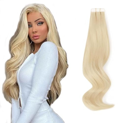 ABH AMAZINGBEAUTY Semi-permanent Real Remi-Remy 100 Human Hair Tape in Extensions 50g 20pcs Glue-in Skin Weft Tape Attached Invisible Seamless Reusable Beach Blonde-Bleach Blonde Color 613 20 Inch | 20 Pcs 50g Double Sided, Beach Blonde #613, Seamless Invisible Skin Weft, Remy Human Hair, Pre Taped