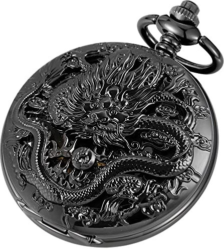 Tiong Vintage Mechanische Skelett Taschenuhr mit Kette Einzigartige gravierte Drachen Steampunk Männer Taschenuhr Antike Anhänger
