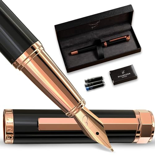 Ellington Pens Luxury Fountain Pen Set- Fountain Pens for Writing - Smooth Nib - Includes Refillable Ink Converter, 3 Ink Cartridges [2 Black & 1 Blue], Gift Box - Elegant Calligraphy