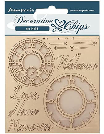 Stamperia SCB159 Dekorative Chips – Create Happiness – Welcome Home – Uhren, Natur, 14 x 14 cm