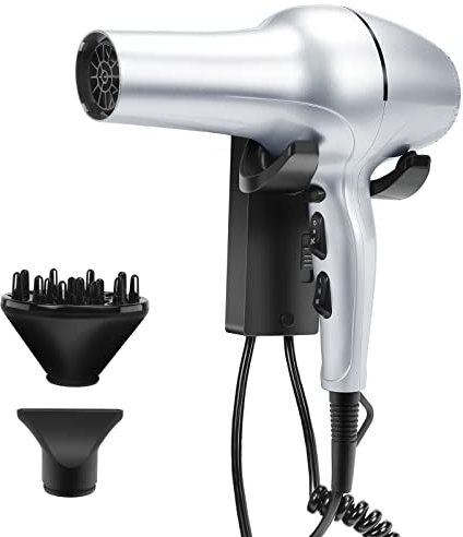 QL Föhn Ionen,Haartrockner mit Halterung und Diffusor,2200W,Wand fön mit AC Bürstenloser Motor für Hotel,Haus,Salon,Silber