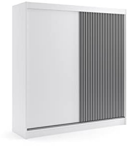 ALTDECOR Kleiderschrank mit Lamel-Schiebetüren, Führungsschienen und Aluminium- Leisten, LED-Beleuchtung und Fernbedienung - VILAN - 200 cm Weiß + Lamelle schwarz