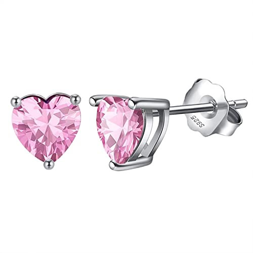 Bellitia Jewelry Orecchini a Bottone in Argento Sterling 925 per Donna Ragazze, Orecchini a Lobo con Pietra a Forma di Cuore Orecchini Carini Anallergici Tormalina Rosa