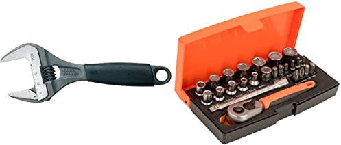 Bahco 9029 170mm 32mm Adjustable Wrench Extra Wide Jaw & SL25 Ratchet Socket Set, Metric 1/4 Drive, 25 Pieces