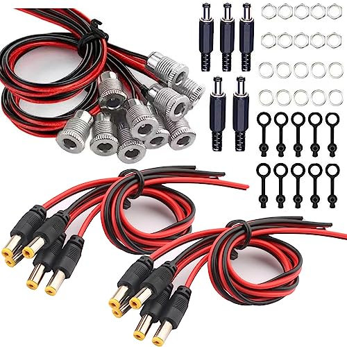 RUNCCI-YUN DC 12V hohlstecker 5,5 MMX 2,1mm Adapter Set,10xDCPower Jack Socket niedervolt steckverbinder(Mit Kabel) 5xhohlstecker 5,5 x 2,1, 10xDC mounting Connector, 10x Gummi Schutzklappen