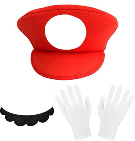 YOUYIKE 3 Stück Cosplay Kostüm Zubehör, mit Rot Grün Mützen, Handschuhen Klebe-Bärten, Brüder Kostüm Hut Cap für Fasching, Halloween& Cosplay (Rot)