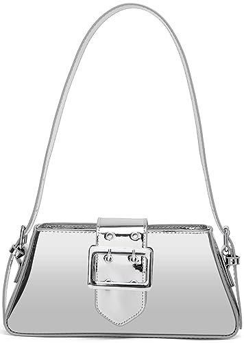 SaYoc Damen Hobo Bag Crossbody Glänzend PU Leder Schultertaschen Farbe Handtasche Kleine Totes Y2K Geldbörse Top Griff Tasche, Crossbody Tasche, silber