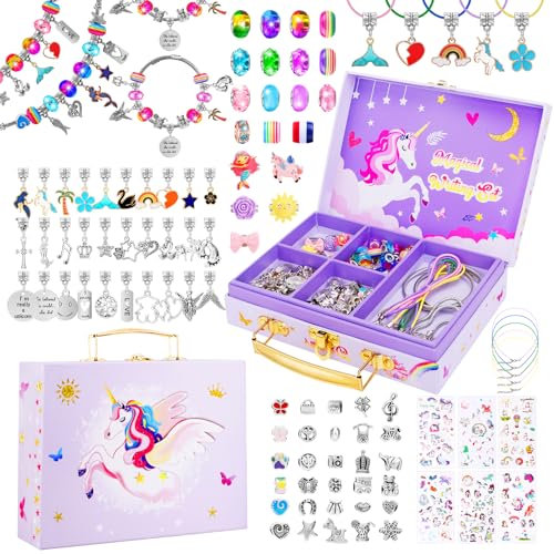 TCJJ Einhorn Geschenke FüR MäDchen,Schmuck Selber Machen Set Kinder Mit Einhorn Aufbewahrungsbox, ArmbäNder Selber Machen Kinder Weihnachtsgeschenke,MäDchen Geschenke 4 5 6 7 8 9 10 11 12 Jahre
