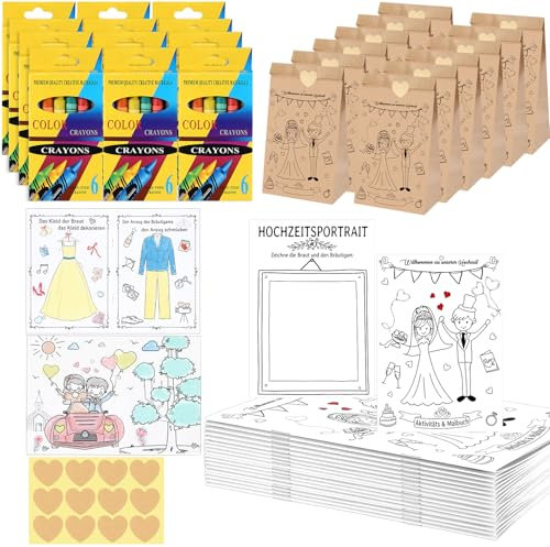 Dianelhall 12 Set Hochzeit Beschäftigung Set für Kinder inklusive Hochzeitsmalbücher Wachsmalstifte Geschenktüten und Herz Aufkleber, Hochzeit Gastgeschenk Malbuch Mitgebsel für Mädchen Jungen