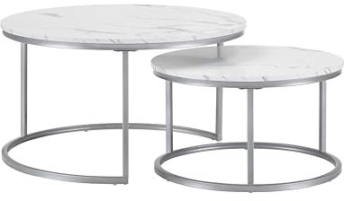 hitsuki Marmor Couchtisch Rund, Wohnzimmertisch weiß, Couchtisch Rund 2er Set, Beistelltisch Silber aus Metallgestell Tisch Wohnzimmer, Coffee Table