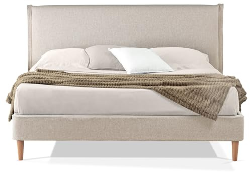 EVERGREENWEB Letto Matrimoniale in doghe in legno con Testata e rivestimento in tessuto Beige | facile da montare |Adatto per materasso cm 160x200 | Letto di Design |Mod. Parigi